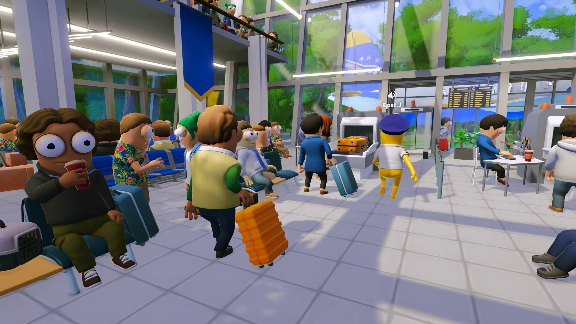 Passengers waiting with luggage inside an airport terminal