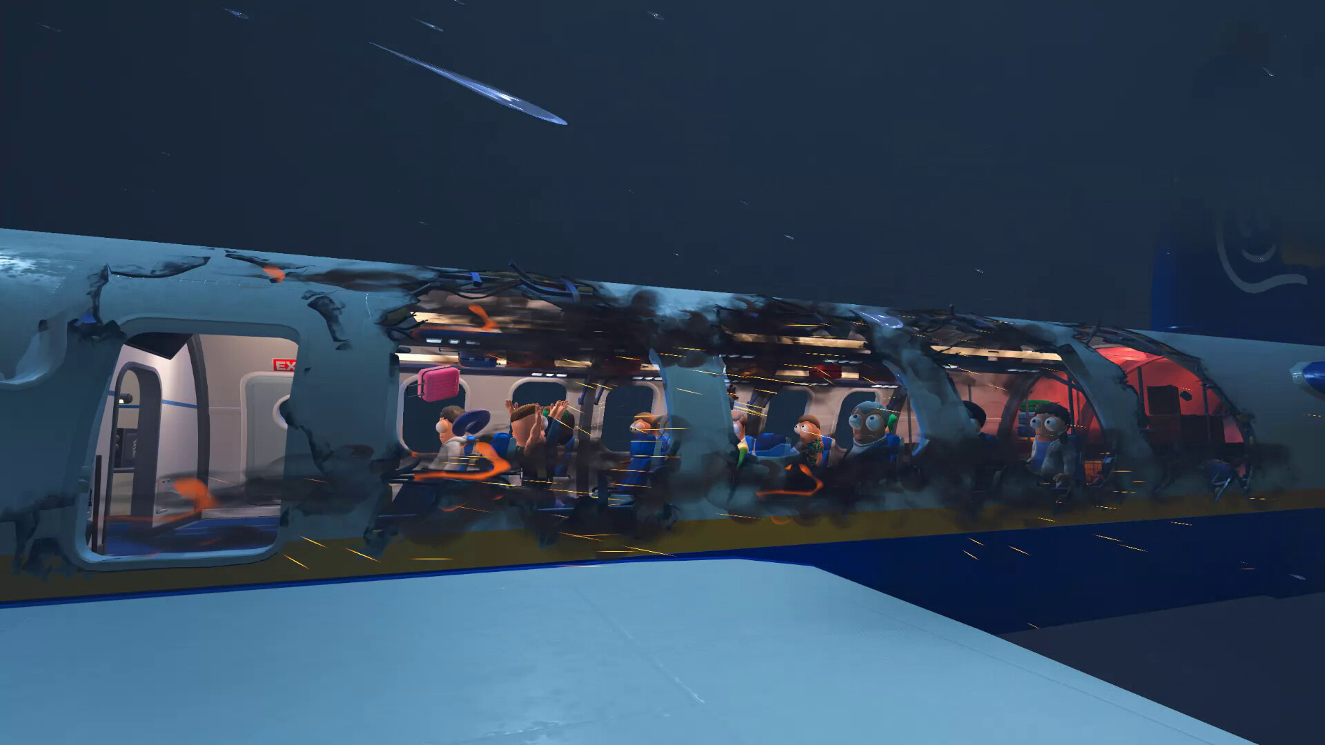 Damaged passenger aircraft flying at night with sparks and exposed cabin
