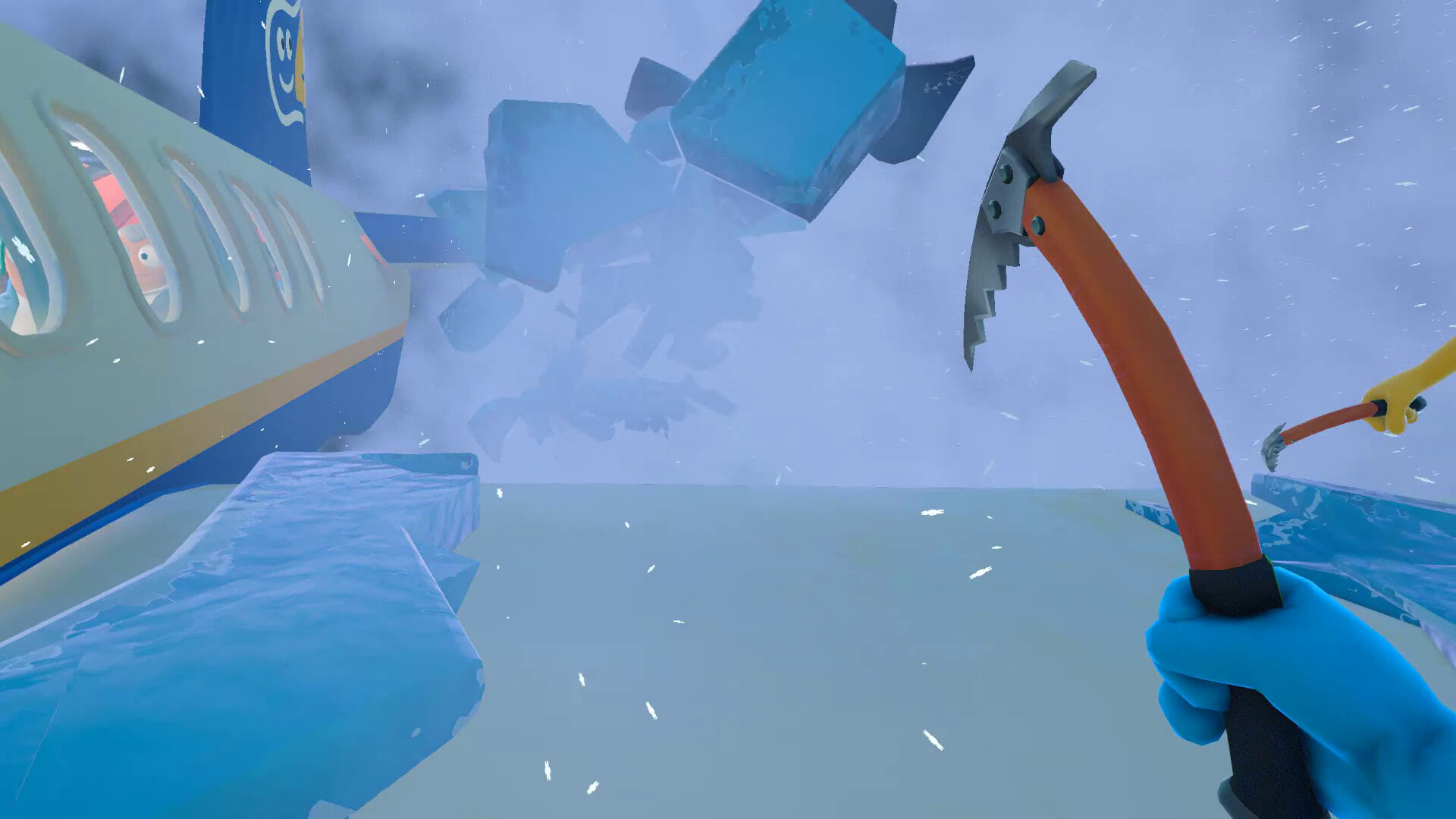 Crew members using ice axes near an aircraft during a snowstorm