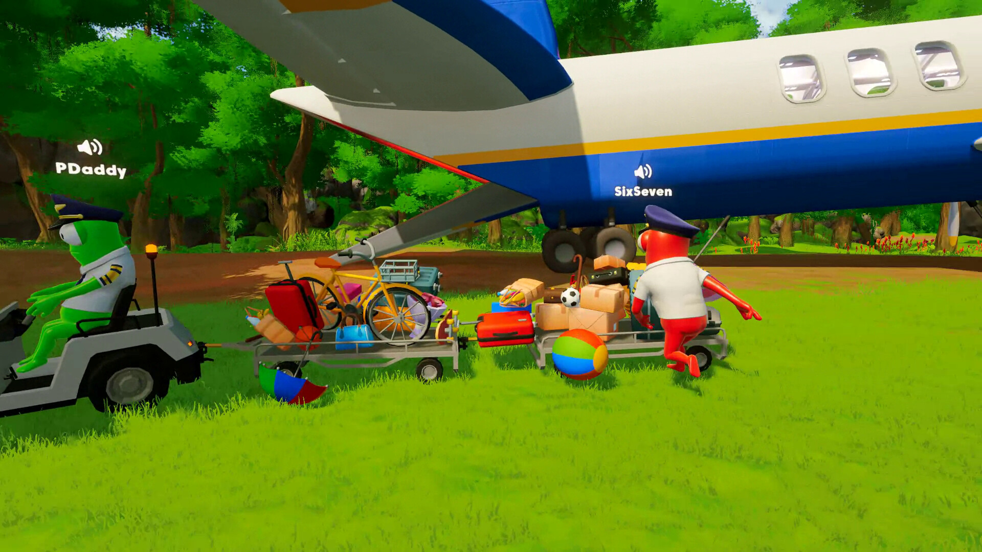 Crew members loading an overloaded collection of cargo beside an aircraft